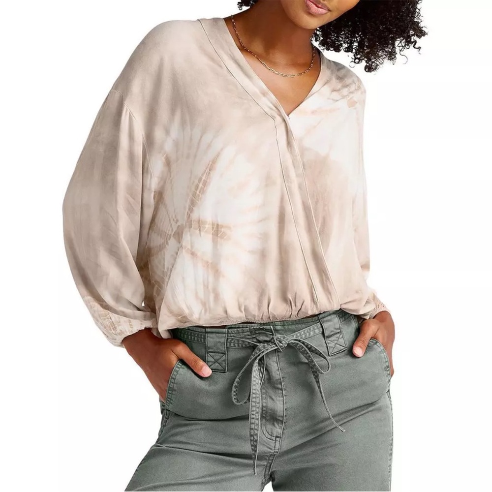 Splendid NWT Beige Taupe Gustavia Tie-Dye Faux Wrap Shirt Blouse Size Medium